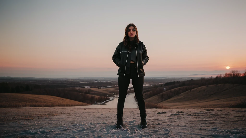 full body film photo of woman in winter setting wearing jacket, wide angle, bokeh, cinematic, sunset epiCRealism chrissy costanza  