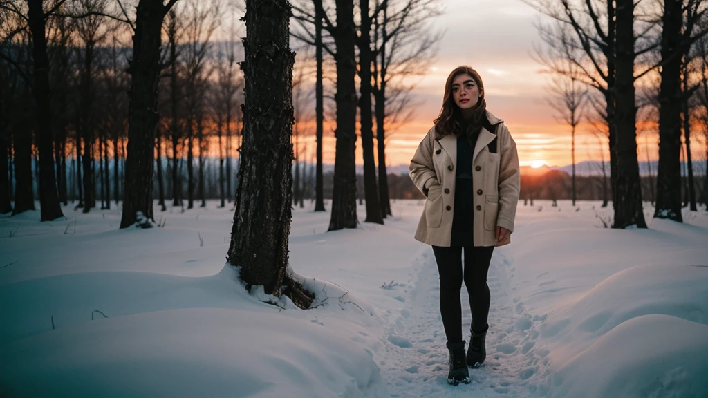 full body film photo of woman in winter setting wearing jacket, wide angle, bokeh, cinematic, sunset epiCRealism chrissy costanza  