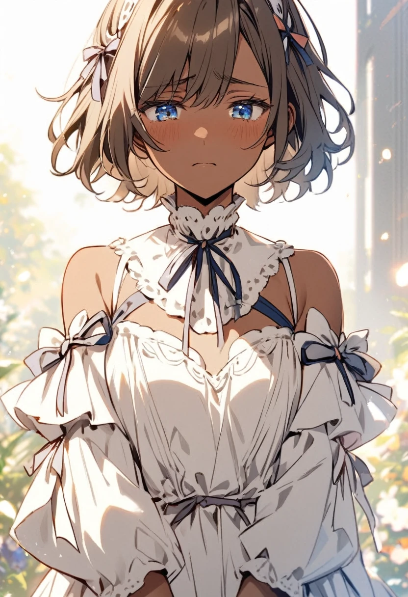 Girl, deep tan skin, brown skin, big blue eyes, puffy white dress with bows and ribbon details, young adult, sad