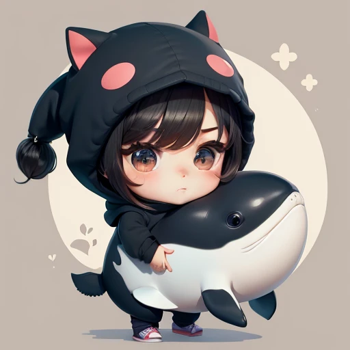 High quality,Masterpiece, Chibi, Nerdrooid, Mega Mini, Ninja, whale hat, whale tail, Whale costume, have dark hair, Bob hairstyle,hug