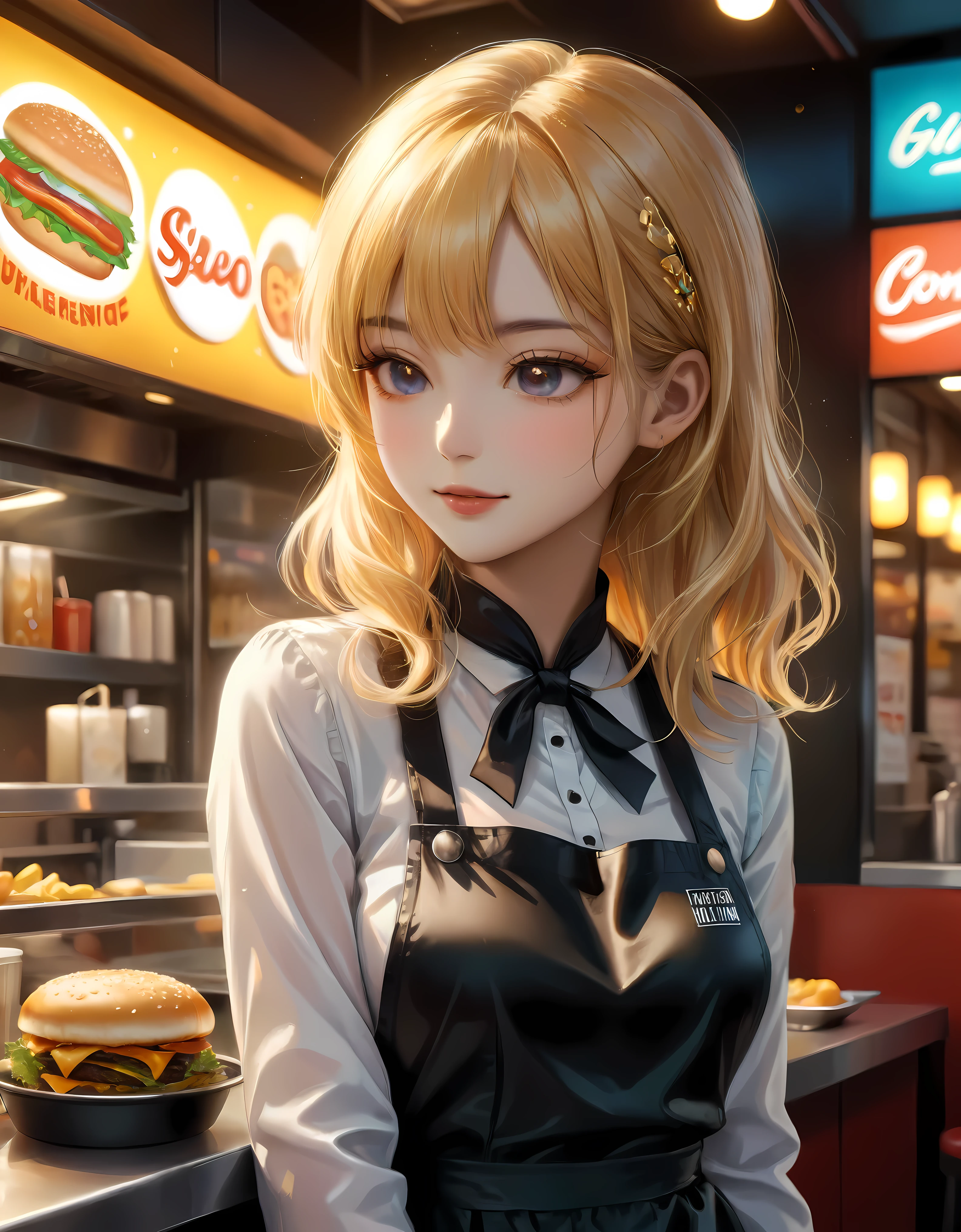 ((Masterpiece in maximum 16K resolution):1.6),((soft_color_photograpy:)1.5), ((Ultra-Detailed):1.4),((Movie-like still images and dynamic angles):1.3) | ((double contact):1.3), ((Supermodel beauty as a Fast Food Worker):1.2), ((Superimposed on Blonde Hair Cute Female):1.1), ((Fast food restaurant lighting):1.3), Oil and ink on canvas, fine dark art, super dramatic light, photoillustration, amazing depth, the ultra-detailed, iridescent black, superfluous dreams, intricately details, amazing depth, Amazing atmosphere, Mesmerizing whimsical vibrant landscapes, ((Fast Food Worker):1.2), ((Detailed Fast Food Restaurant):1.1), ((Happy view):1.1), ((hand gloves):1.1), Maximalism ((beautiful outside, Ugly inside, pressure and pain, beauty and despair, hard and soft, positive and negative, hot and cold, Sweet and sour, Vibrant but boring, Perfect harmony, light and shadows, old and young, Black and white, Corresponding color, loud and quiet, Chaos and peace, life and death):1.2) The complex masterpiece of a real-time engineering leader. | Rendered in ultra-high definition with UHD and retina quality, this masterpiece ensures anatomical correctness and textured skin with super detail. With a focus on high quality and accuracy, this award-winning portrayal captures every nuance in stunning 16k resolution, immersing viewers in its lifelike depiction. | ((perfect_composition, perfect_design, perfect_layout, perfect_detail, ultra_detailed)), ((enhance_all, fix_everything)), More Detail, Enhance.