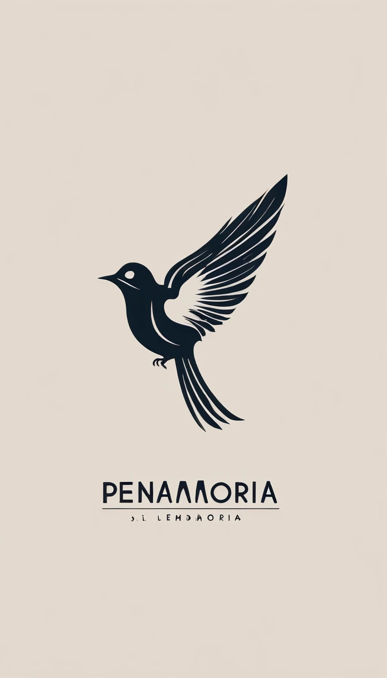 A minimal, modern, simple, cinematic logotype for the brand “Penamemoria". The logotype must be a simple, magical feather and a boy playing acoustic guitar. The logo must convey a sense of music, stories and dreams. Logo design impressed on a book cover. Minimalistic logo