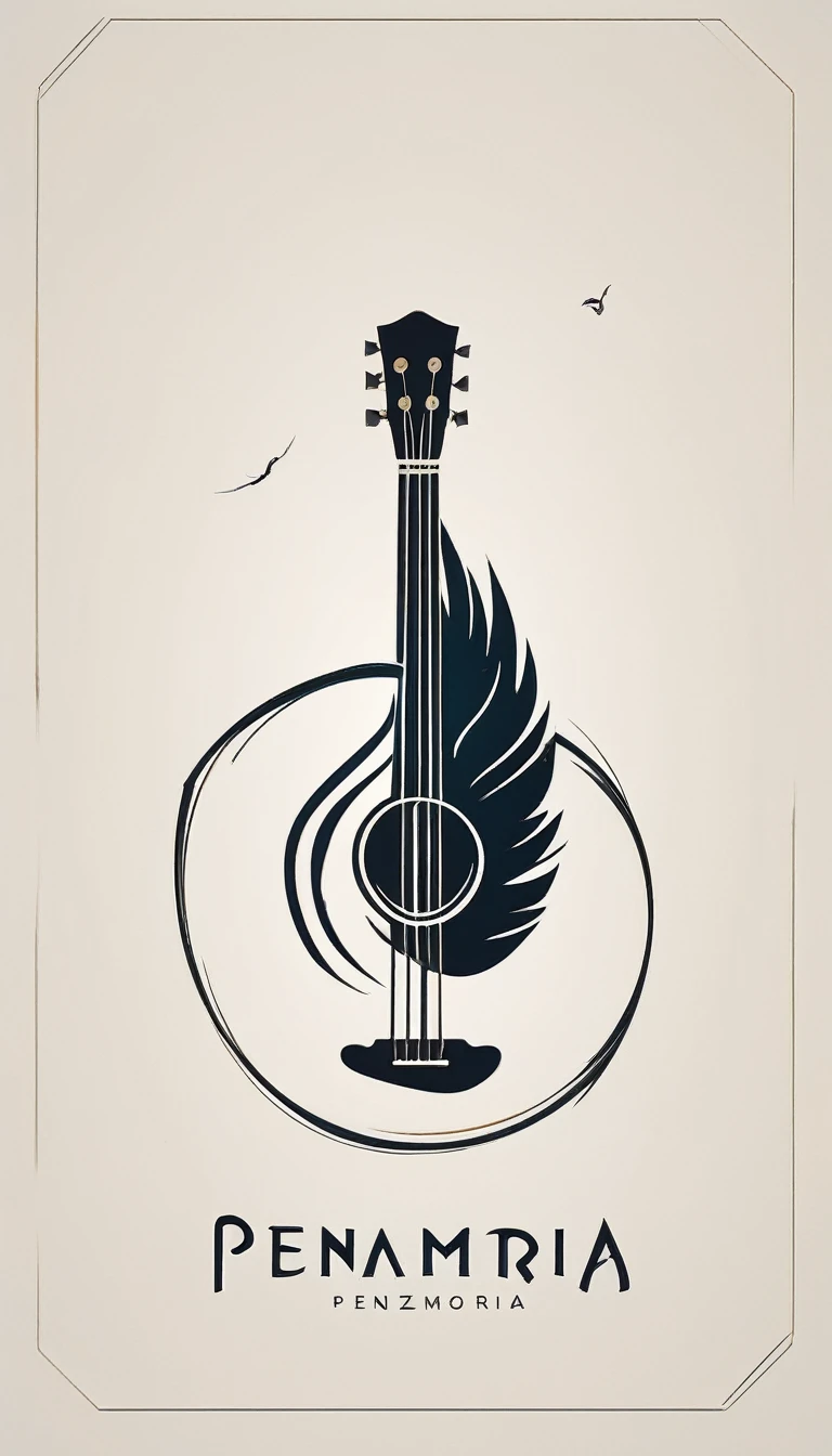 
A minimal, modern, simple, cinematic logotype for the brand “Penamemoria". The logotype must be a simple, magical feather and a boy playing acoustic guitar. The logo must convey a sense of music, stories and dreams. Logo design impressed on a book cover. Minimalistic logo