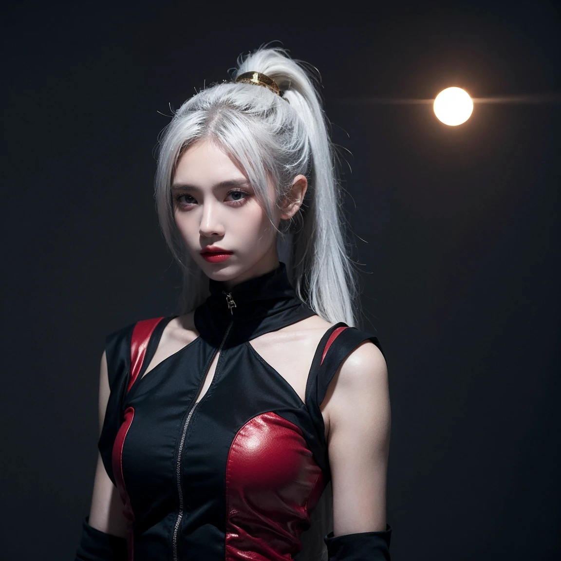 masterpiece, high quality, Ethyl Ketone, Pixel Art, 1 girl, White hair, Ponytail, Red Gothic Dress, Simple golden background, Death Stare, Solar eclipse background,whole body,