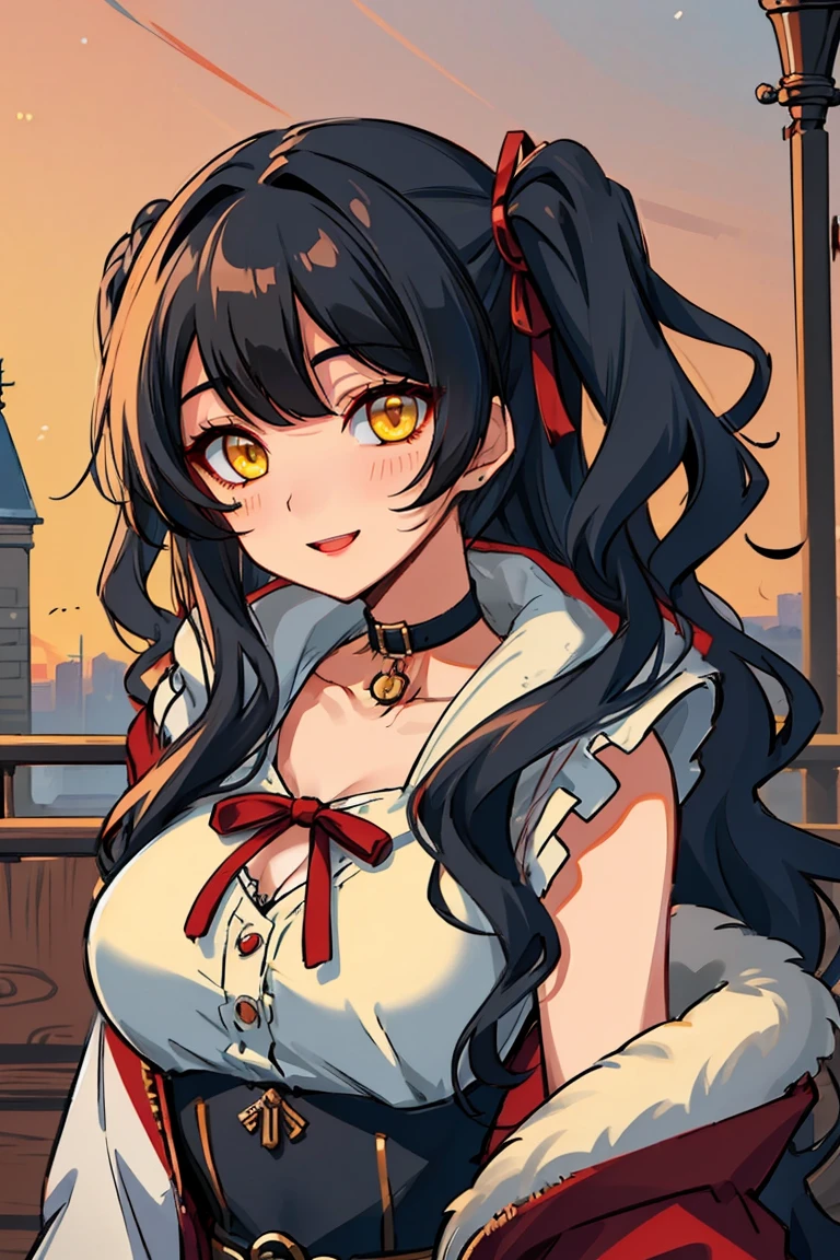 (masterpiece:1.2), (high quality:1.2), (hui xiyi:0.7), rekkyo sensen, rekkyou sensen, girls with((black hair, yellow eyes, (wavy long hair, one side up:1.54), bare shoulders, blush, breasts, choker, cleavage, coat, collar, collarbone, cowboy shot, dress, lace dress, belt, buttons, white shirt, red bow, red ribbon, neck ribbon, collared shirt, eyebrows visible through hair, frills, fur, fur-trimmed coat, fur-trimmed hood, fur-trimmed jacket, fur-trimmed sleeves, fur coat, fur collar, fur trim, hood down, hooded coat, hooded jacket, hoodie, jacket, large breasts, long hair, long sleeves, looking at viewer,medium breasts, open clothes, open coat,open hoodie, sleeveless, winter clothes, winter coat, zipper, cleavage, upper body)), background with((fantasy world, ruin, castle, beautiful sky, shining sky, sunshine))