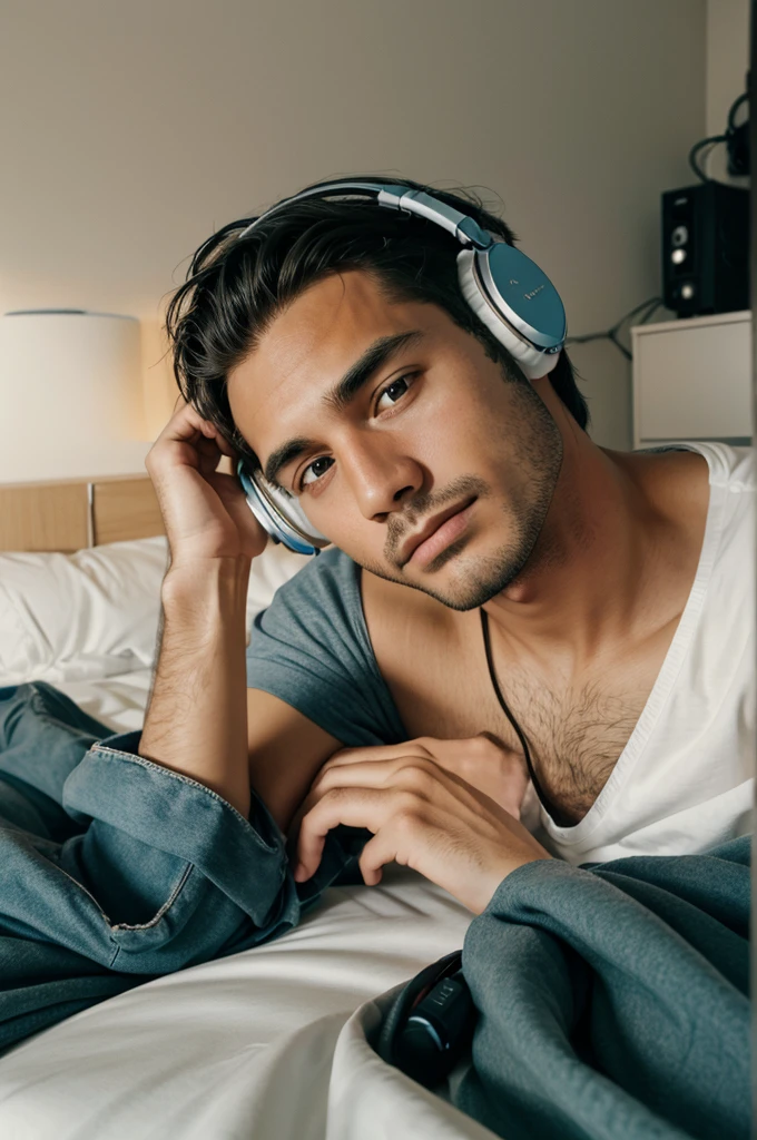 A man lying on a bed with headphones with a sad expression on his face in his room show me as the camera placed in the Seiling with a dull themed room 
