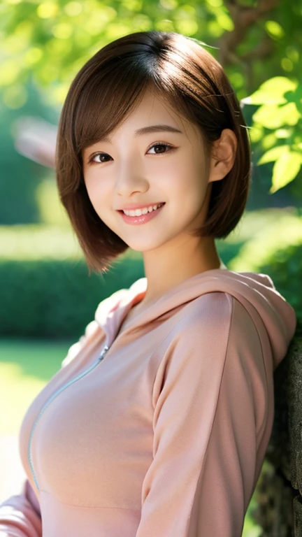 Highest quality、Ultra-detailed、masterpiece、Realistic、Photo realistic、One Girl、(cute17歳の少女、Small Head)、(cute:1.2)、smile、(Brown Hair、Short Bob Hair)、The eyes are brown、Perfect glowing skin、double eyelid、Round face、((Slender))、((Perfect body))、Accurate depiction、Zippered hoodie、Sit on、Big ample breasts、Focus on the chest、Bright lighting、garden、Blur the background