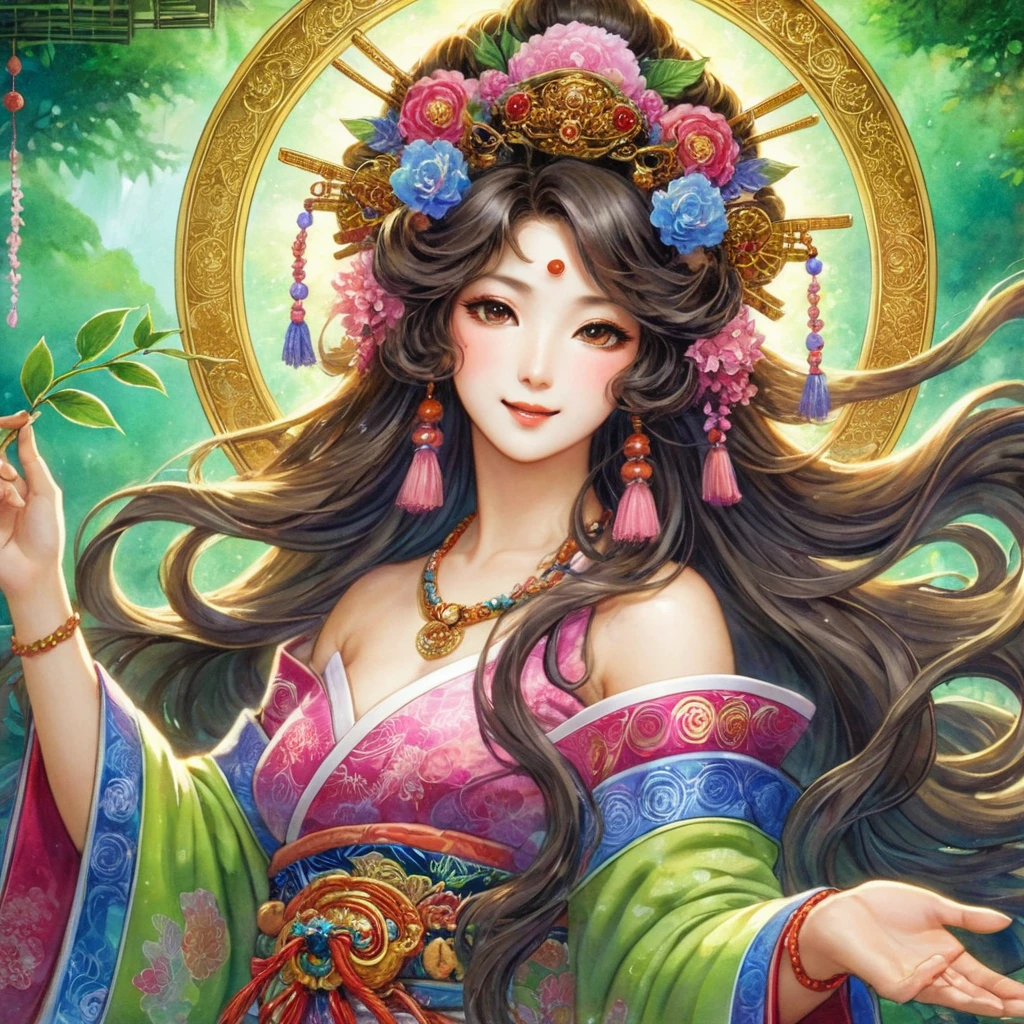Ame-no-Uzume, the Shinto goddess from Kojiki, depicted in a realistic style. She is a cheerful and bright figure, known for her dance to coax Amaterasu out of the cave. She is portrayed as a beautiful woman with flowing, lush hair that moves gracefully with her dance. She wears vibrant, colorful garments that enhance her movements and add to her radiant appearance. Her expression is joyful and lively, with a captivating smile that brings happiness and energy to those around her. She is adorned with elaborate jewelry, emphasizing her divine and festive nature. The background is lively and celebratory, reflecting her role in bringing light and joy.