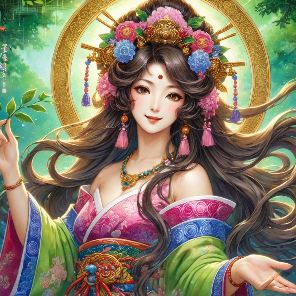Ame-no-Uzume, the Shinto goddess from Kojiki, depicted in a realistic style. She is a cheerful and bright figure, known for her dance to coax Amaterasu out of the cave. She is portrayed as a beautiful woman with flowing, lush hair that moves gracefully with her dance. She wears vibrant, colorful garments that enhance her movements and add to her radiant appearance. Her expression is joyful and lively, with a captivating smile that brings happiness and energy to those around her. She is adorned with elaborate jewelry, emphasizing her divine and festive nature. The background is lively and celebratory, reflecting her role in bringing light and joy.