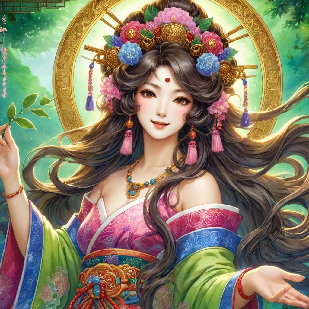 Ame-no-Uzume, the Shinto goddess from Kojiki, depicted in a realistic style. She is a cheerful and bright figure, known for her dance to coax Amaterasu out of the cave. She is portrayed as a beautiful woman with flowing, lush hair that moves gracefully with her dance. She wears vibrant, colorful garments that enhance her movements and add to her radiant appearance. Her expression is joyful and lively, with a captivating smile that brings happiness and energy to those around her. She is adorned with elaborate jewelry, emphasizing her divine and festive nature. The background is lively and celebratory, reflecting her role in bringing light and joy.