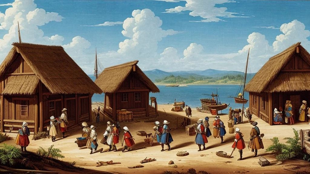 "Colonists disembarking on the New World coast, building first wooden houses, 17th century, realistic style"