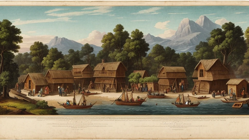 "Colonists disembarking on the New World coast, building first wooden houses, 17th century, realistic style"