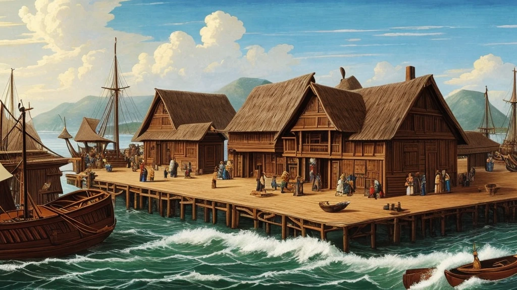 "Colonists disembarking on the New World coast, building first wooden houses, 17th century, realistic style"