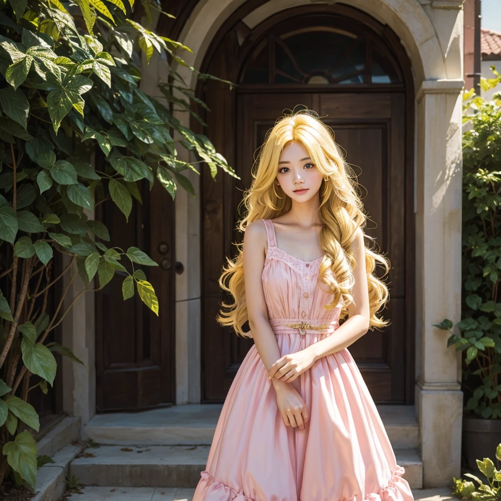 Girl with long yellow hair, pink dress 