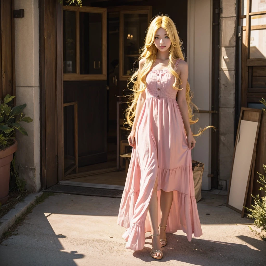 Girl with long yellow hair, pink dress