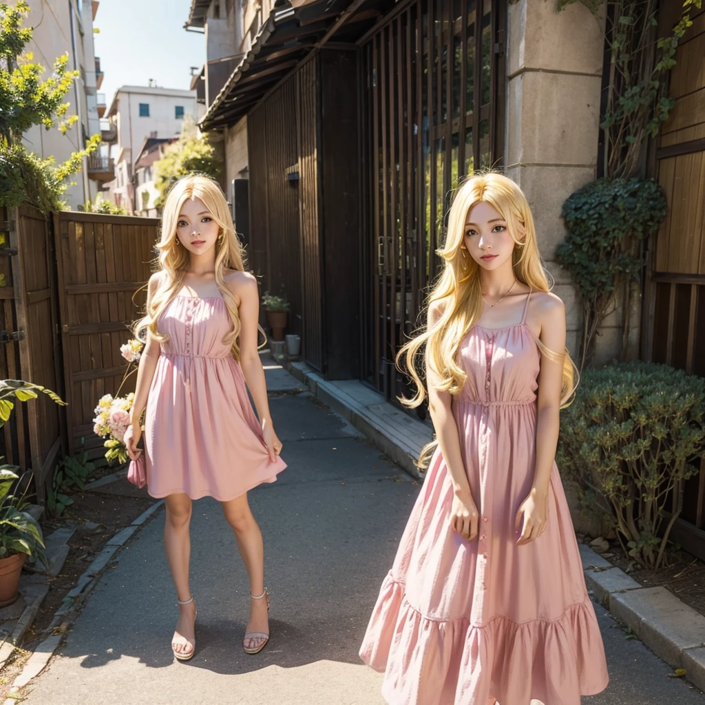 Girl with long yellow hair, pink dress
