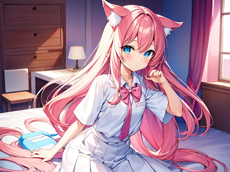 cute anime girl holding a pink video game controller in a room, anime catgirl,a girl wear white shirt and red tie and wear tight white skirt,cute anime catgirl, anime girl with cat ears, blue eyes,flat anime style, nekomimi, lofi girl, catgirl, anime vibes, soft anime illustration, ddlc, girl with cat ears, anime style. 8k, pink straight hair, long bubblegum hair, pink wispy hair, long pink hair, long flowing pink hair, flowing pink hair, wear white skirt, anime girl with long hair and cyan eyes,and wear a tight white shirt and red tie and white skirt, ,digital anime illustration, anime room with a computer, a desk, anime background art, background art, anime aesthetic, personal bedroom background,gaming girls bedroom background, kawaii aesthetic, anime background, lofi girl aesthetic, girl wear white skirt, anime vibes, lofi artstyle, beautiful kawaii lighting, lo-fi illustration style, lofi aesthetic, interior background art, cute detailed digital art, glowing aesthetic, wear white skirt