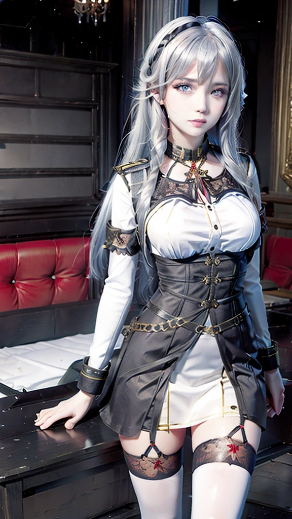 a tall girl, black hair, with red eyes, wearing black lace lingerie with red and transparent parts