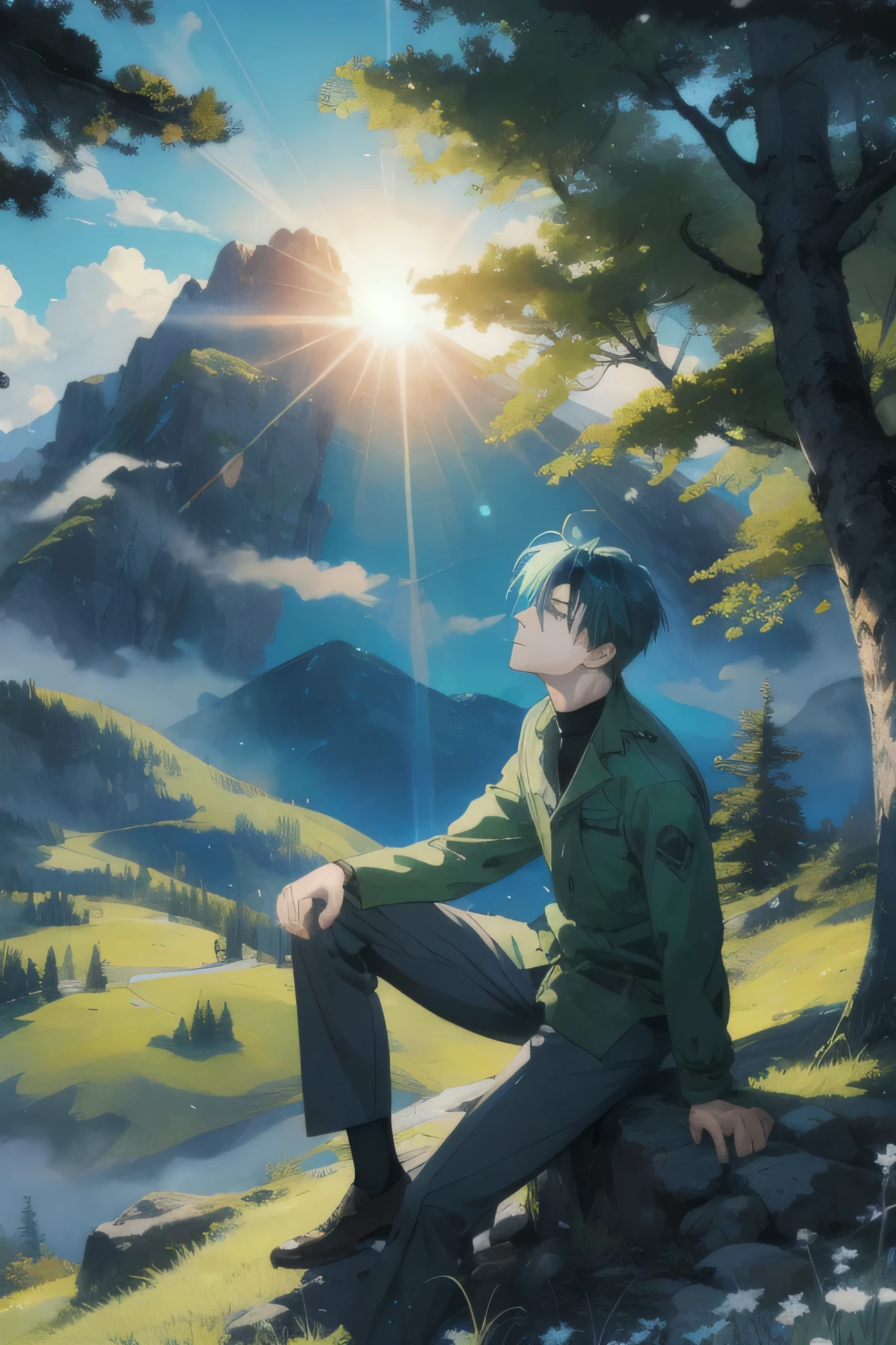 Boy sitting on mountain cloudy, weather,green forest, blue sky, sun flares, anime style,