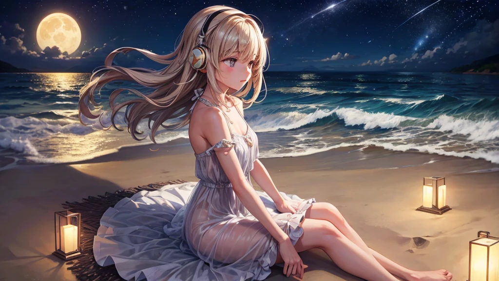 "A serene nighttime beach scene. A girl sits on the sandy shore, her headphones on, lost in the rhythm of the music. She wears a beautiful frock, the gentle waves almost touching her toes. Above her, the night sky is adorned with twinkling stars and a luminous moon, casting a soft glow over the tranquil scene. She looks completely relaxed, absorbed in her own world of melodies."
