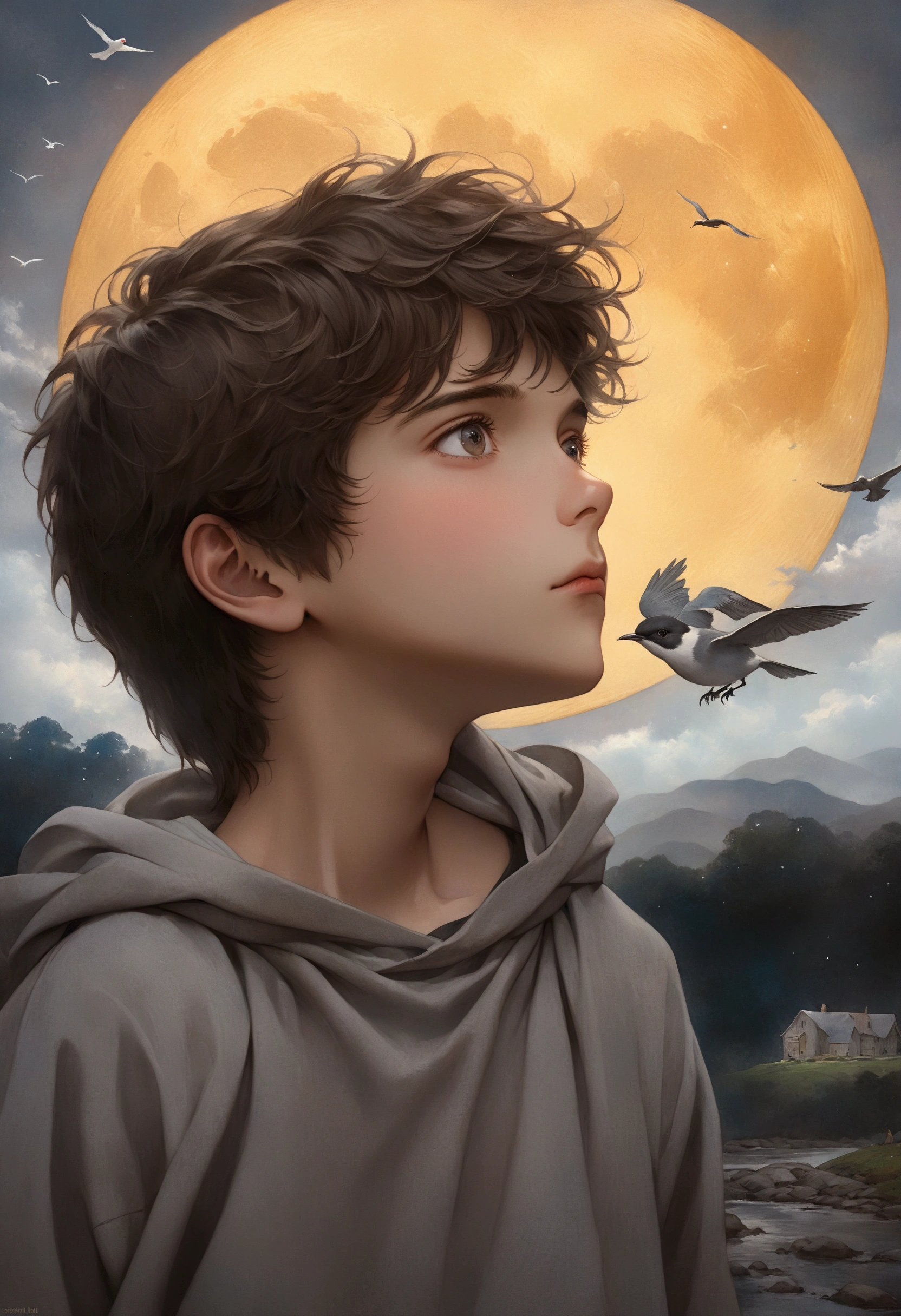 painting of a boy looking up at a bird flying in front of a full moon, novel cover art for a book, young adult fantasy novel cover, inspired by Lucas Graciano, fantasy book cover painting, cover illustration, douglas smith, portrait of merlin, fantasy genre portrait, by Jason Felix, book cover illustration, concept art of single boy, graphic novel cover art