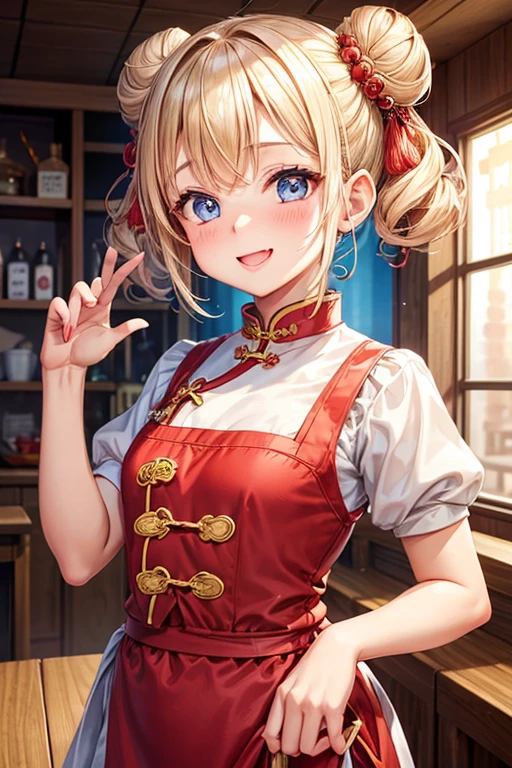 One girl,waitress,Blonde,Twin tails,Bun hairstyle,Curly Hair,short hair,Red Chinese clothing,apron,Blue Eyes,blush,Mouth wide open,A very happy smile,Energetic girl,Girl with small,Small breasted girl,Small  Girls,,flat chest,Chinese restaurant,Gorgeous