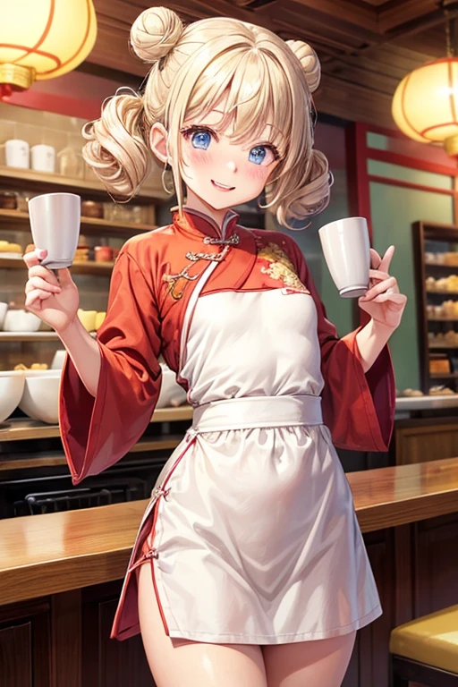 One girl,waitress,Blonde,Twin tails,Bun hairstyle,Curly Hair,short hair,Red Chinese clothing,Blue Eyes,blush,Mouth wide open,A very happy smile,Energetic girl,Girl with small,Small breasted girl,Small  Girls,,flat chest,Chinese restaurant,Flat ,Gorgeous interior,A busy store,Many customers