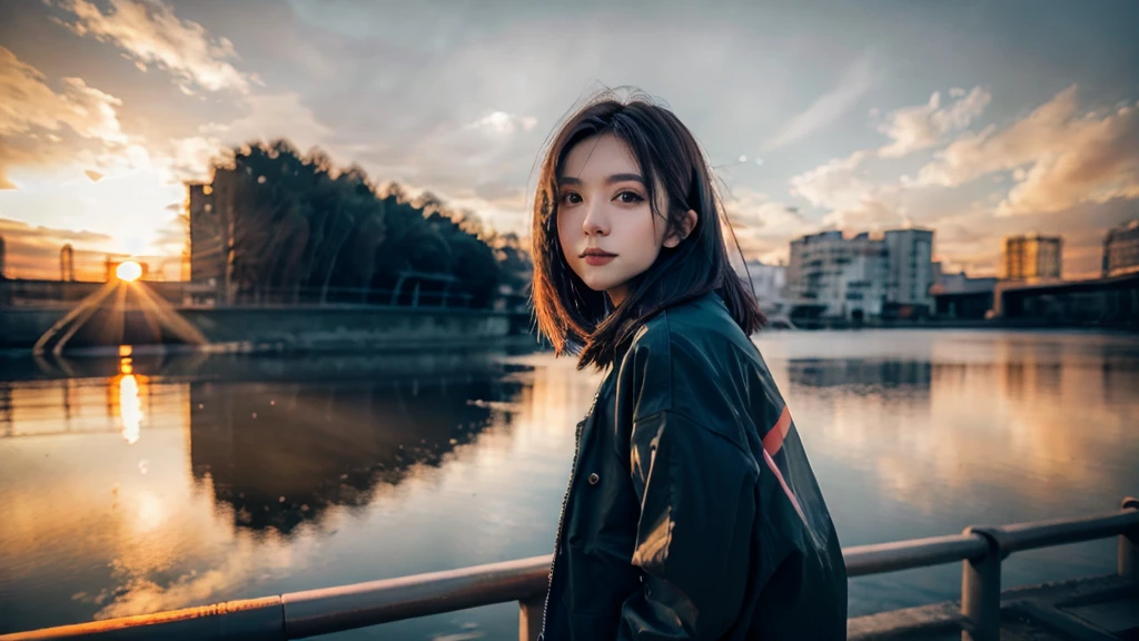 full body film photo of woman in winter setting wearing jacket, wide angle, bokeh, cinematic, sunset epiCRealism chrissy costanza  