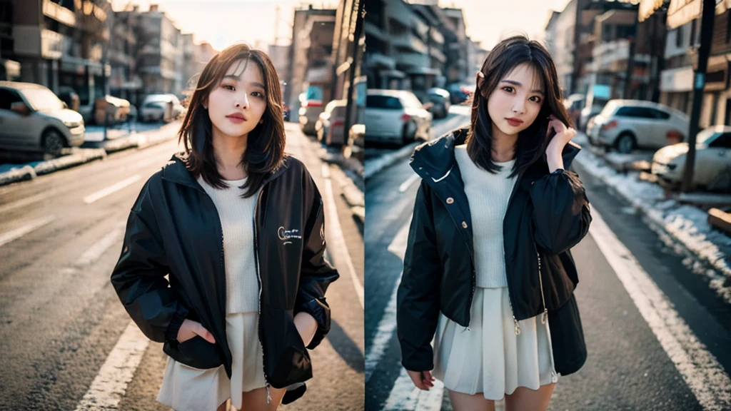 full body film photo of woman in winter setting wearing jacket, wide angle, bokeh, cinematic, sunset epiCRealism chrissy costanza
