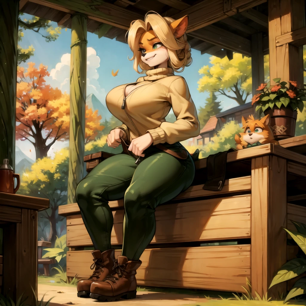  sancy anthro bandicoot girl redhead, braided hair, beautiful green eyes, sexy ,seductive, warm sweater, , camouflage pants, army boots, , Cozy autumn atmosphere, , the forest, autumn , Girl in sweater, ,trousers, army boots, furry anthro bandicoot, seductive facial expression wide grin , hands to pants,Unzipped Pants, dynamic pose, 