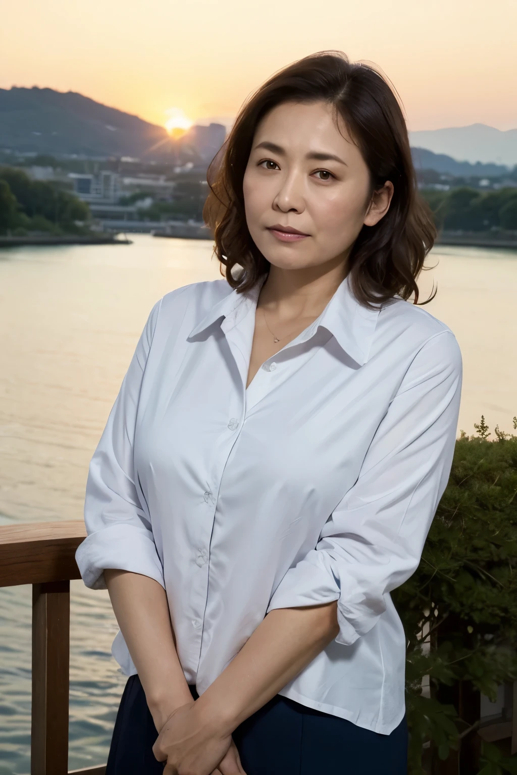 Aunt in Osaka、Organic Photography、best quality、masterpiece、Ultra-high resolution、Beautiful old lady、50 years old、Elegant face，Wear a business shirt，Short skirt，Huge sagging chest contour，Wavy Hair、Real skin texture，sideways，Revealing smooth and plump thighs，River in the Scene, Mountain, Reality, Sunset, masterpiece, Bokeh, Volumetric Lighting, Summer Breath, High Angle Shot