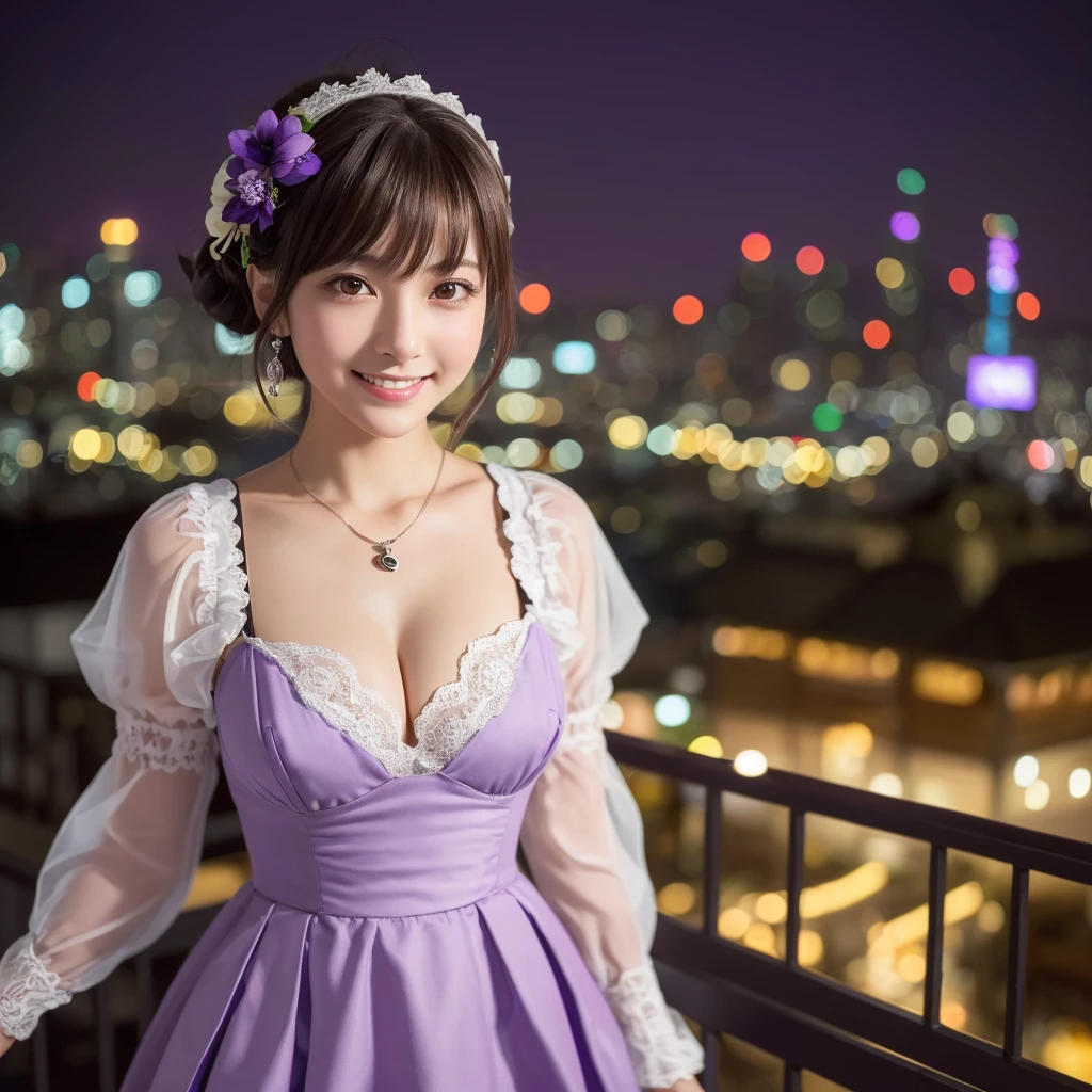 girl, White skin, ((Dark brown short tiered hair)), V cut with layers and bangs, Brown eyes, Soft atmosphere characteristics (Highest quality, Ultra-high resolution, 8K, RAW Photos, Ultra-high resolution: 1.2, masterpiece: 1.3), (Realistic, Realistic: 1.37), Very detailed, Professional Lighting, Photon Mapping, Radio City, 物理ベースレンダring, One Girl, (high school girl), Sharp focus:1.2、Beautiful woman:1.4,cute, Nice, Adorable smile, Normal chest, Cross Necklace、Earrings、ring,(Cleavage)、((Dark brown short hair),Gothic ta Fashion, (((Stay Night, Violet Evergarden))),(A cute toothy smile),Japanese cityscape at night,Tokyo, whole body 身長170cm 体重38Kg 足を開く