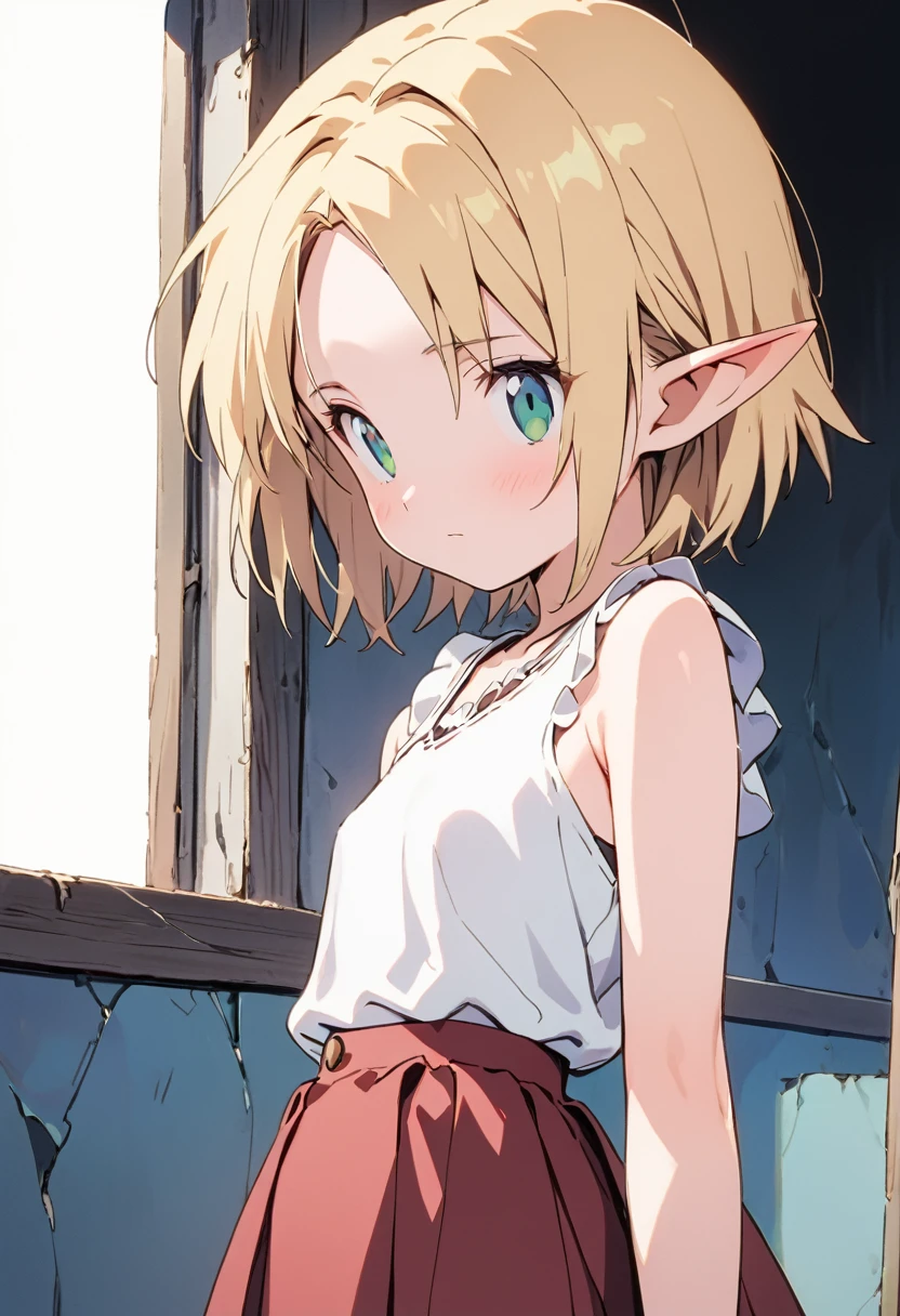 ((masterpiece,High resolution,Highest quality,8K,Detailed faces and anatomy))
(One ELF girl,quiet,10 years old,Blonde Bob Hair,No bangs,Wide forehead,Center Part,Beautiful hair quality,Transparent skin,Big green eyes,Petite,Small breasts,Slim body)
((White blouse,Brown Gored Skirt,Brown boots))