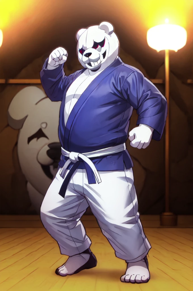 (((Barefoot furry character, full body, cinematic setting, furry male, plantigrade)))

(((monokuma))), bear, grin, teeth, half black and half white, judo, blue kimono, (((ankle braces))), (((martial art footwear)))

BREAK, masterpiece, ((detailed background)), ((dynamic background)), 8K, (masterpiece:1.5), intricate details, highly detailed, extreme detail, octane render, unreal engine, fine art, best quality, highres, (detailed face:1.5), ((full_body)), UHD, (((perfect hands))), low light, set at night