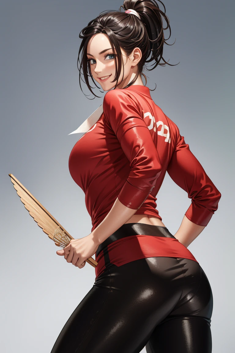A man with a chestnut head and a running shirt is hit from behind with a paper fan、Portrait of Elexis Sinclair, a woman wearing an S jacket, Wicked Smile, (masterpiece) (Highest quality) (detailed) (8K) (High resolution) (wallpaper) (Cinema Lighting) (Sharp focus) (Complex)