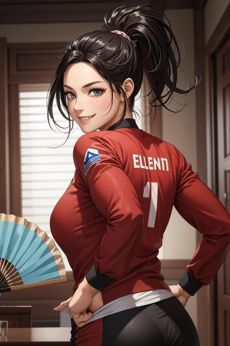 A man with a chestnut head and a running shirt is hit from behind with a paper fan、Portrait of Elexis Sinclair, a woman wearing an S jacket, Wicked Smile, (masterpiece) (Highest quality) (detailed) (8K) (High resolution) (wallpaper) (Cinema Lighting) (Sharp focus) (Complex)