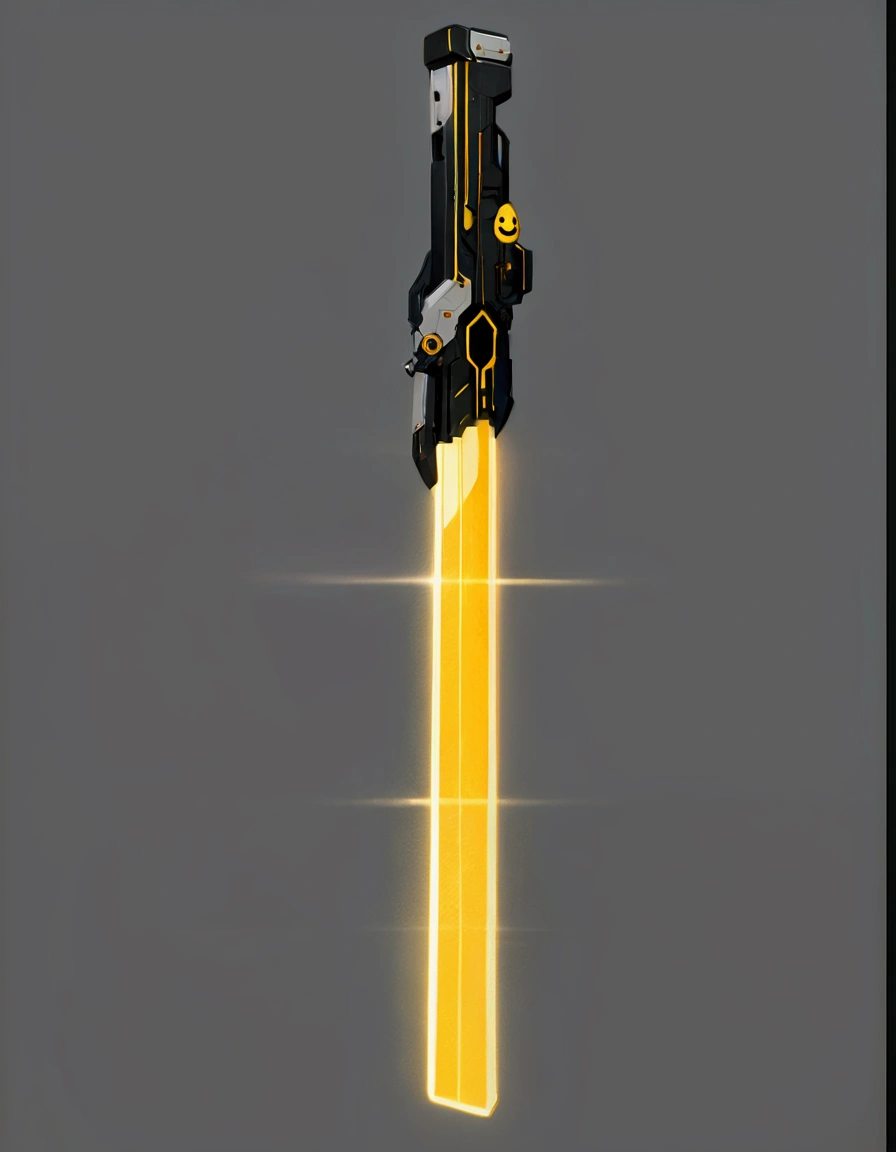 This image appears to be a digital illustration of a futuristic weapon, possibly a laser sword or lightsaber. The sword has a black handle with various stickers and markings on it, including the letters "WTF" and a yellow smiley face. The blade of the sword is a bright yellow color and seems to be glowing, giving off a sense of power and energy. The background of the image is a plain gray color, which helps to highlight the sword and make it stand out. Overall, the image gives a sense of science fiction and fantasy, suggesting a world beyond our own where such weapons might exist.Content generated by AI Try to design different styles of weapon images