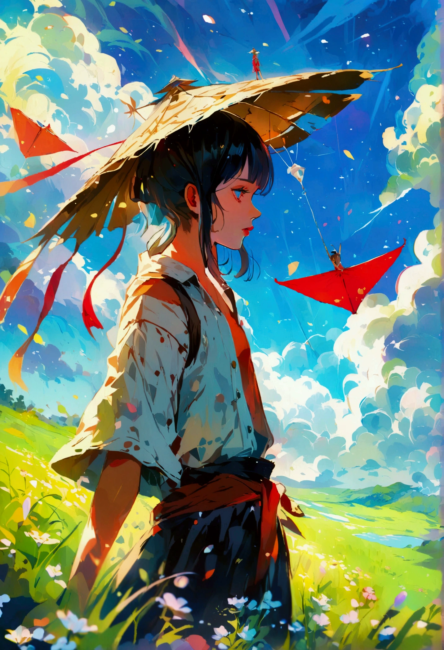grassland，Kite，Rich colors，Illustration style