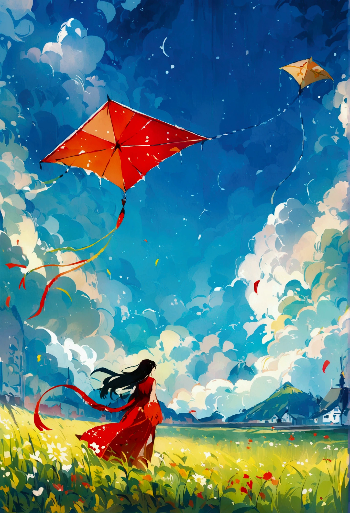 grassland,Kite,Rich colors,Illustration style