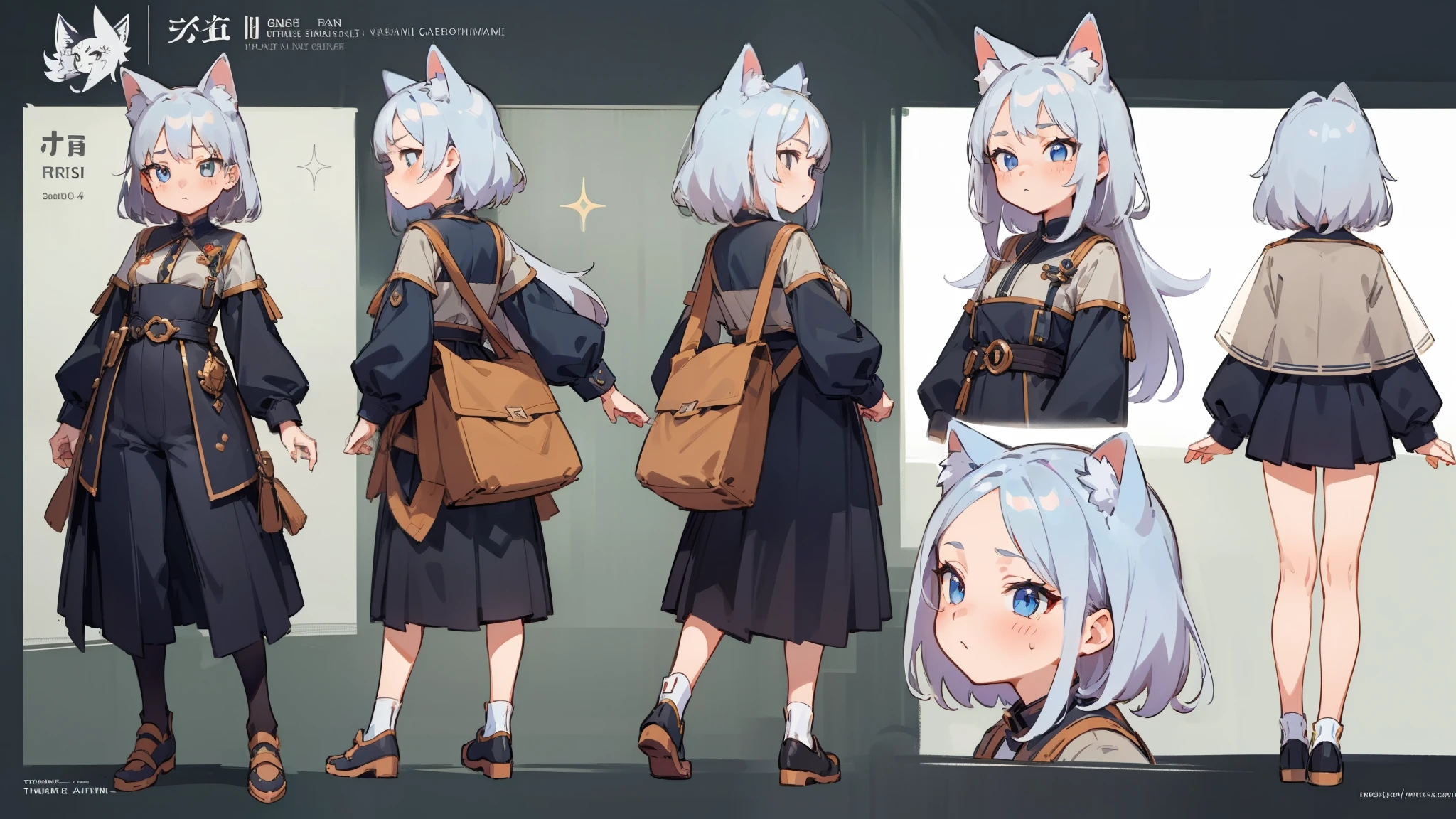 ((masterpiece, Highest quality)), ((tsurime)),Detailed face, Character Sheet, Full Body Lesbian, One girl,show,Full of details, Various poses and expressions, Very detailed, depth, A graceful wild fox girl with mostly silver hair, Sparkling eyes, Delicate skin, 青い髪のYouTuberCharacter Sheet, whole body, sexy