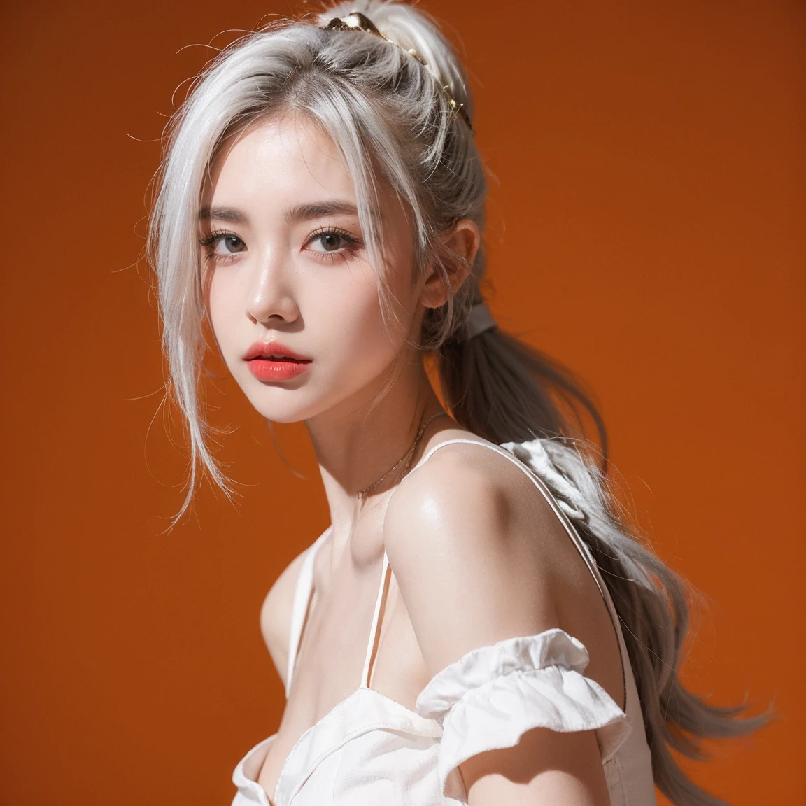 masterpiece, high quality, Ethyl Ketone, Pixel Art, 1 girl, White hair, Ponytail, Red Gothic Dress, Simple golden background, Death Stare, Solar eclipse background，Whole body，