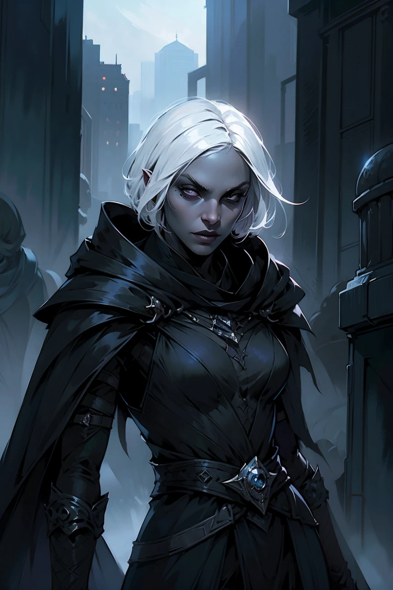 Drow, dark clothes, dark cloak, black eyes, White hair, short hair, 1 girl, character art, city background, Beautiful image, anatomically correct, award-winning, official art, digital art, dungeons and dragons.