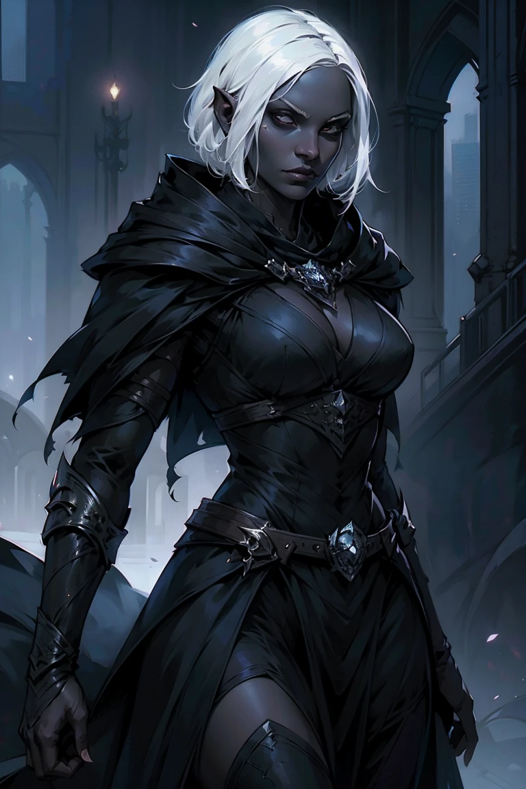 Drow, dark clothes, dark cloak, black eyes, White hair, short hair, 1 girl, character art, city background, Beautiful image, anatomically correct, award-winning, official art, digital art, dungeons and dragons.
