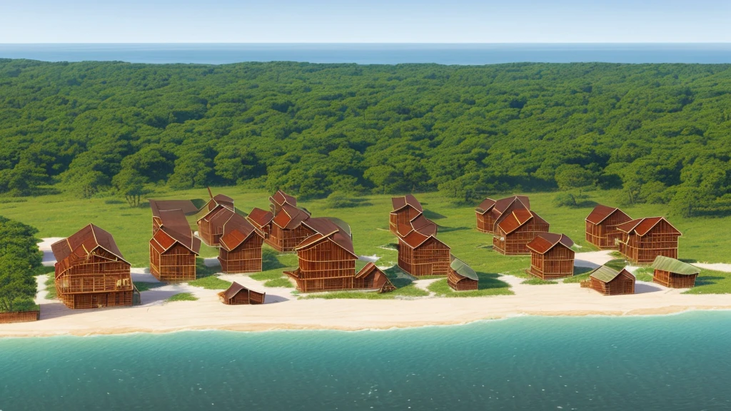 "Colonists disembarking on the New World coast, building first wooden houses, 17th century, realistic style"