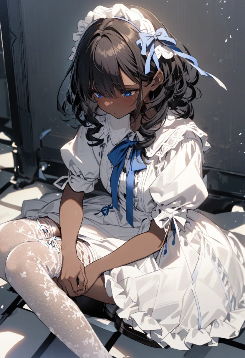 Girl, deep tan skin, brown skin, big blue eyes, puffy white dress with bows and ribbon details, young adult, sad, curly black hair, ribbon lace thigh high leggings, Mary Jane platform shoes