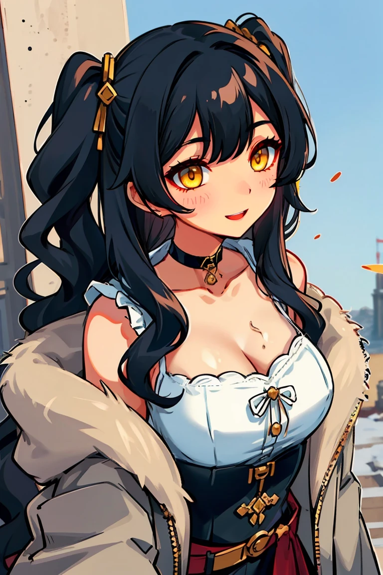 (masterpiece:1.2), (high quality:1.2), (hui xiyi:0.7), rekkyo sensen, rekkyou sensen, girls with((black hair, yellow eyes, (wavy long hair, one side up:1.54), bare shoulders, blush, breasts, choker, cleavage, coat, collarbone, cowboy shot, dress, lace dress, belt, buttons, white shirt, neck ribbon, collared shirt, eyebrows visible through hair, frills, fur, fur-trimmed coat, fur-trimmed hood, fur-trimmed jacket, fur-trimmed sleeves, fur coat, fur collar, fur trim, hood down, hooded coat, hooded jacket, hoodie, jacket, large breasts, long hair, long sleeves, looking at viewer,medium breasts, open clothes, open coat,open hoodie, sleeveless, winter clothes, winter coat, zipper, cleavage, upper body)), background with((fantasy world, ruin, castle, beautiful sky, shining sky, sunshine))