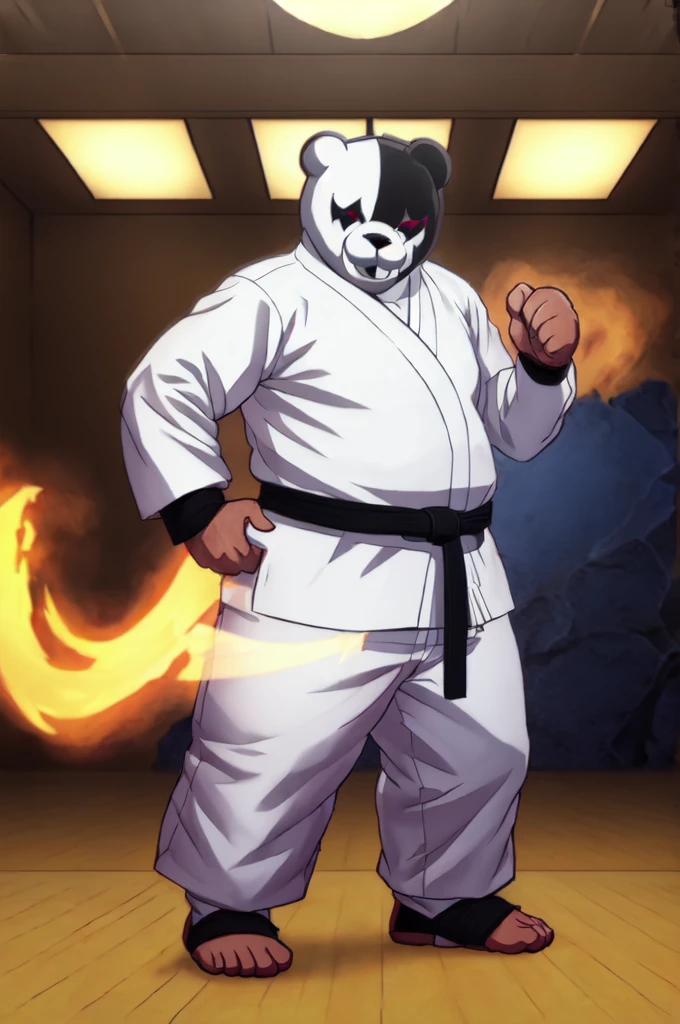 (((Barefoot furry character, full body, cinematic setting, furry male, plantigrade)))

(((monokuma))), bear, grin, teeth, half black and half white, judo, blue kimono, (((ankle braces))), (((martial art footwear)))

BREAK, masterpiece, ((detailed background)), ((dynamic background)), 8K, (masterpiece:1.5), intricate details, highly detailed, extreme detail, octane render, unreal engine, fine art, best quality, highres, (detailed face:1.5), ((full_body)), UHD, (((perfect hands))), low light, set at night