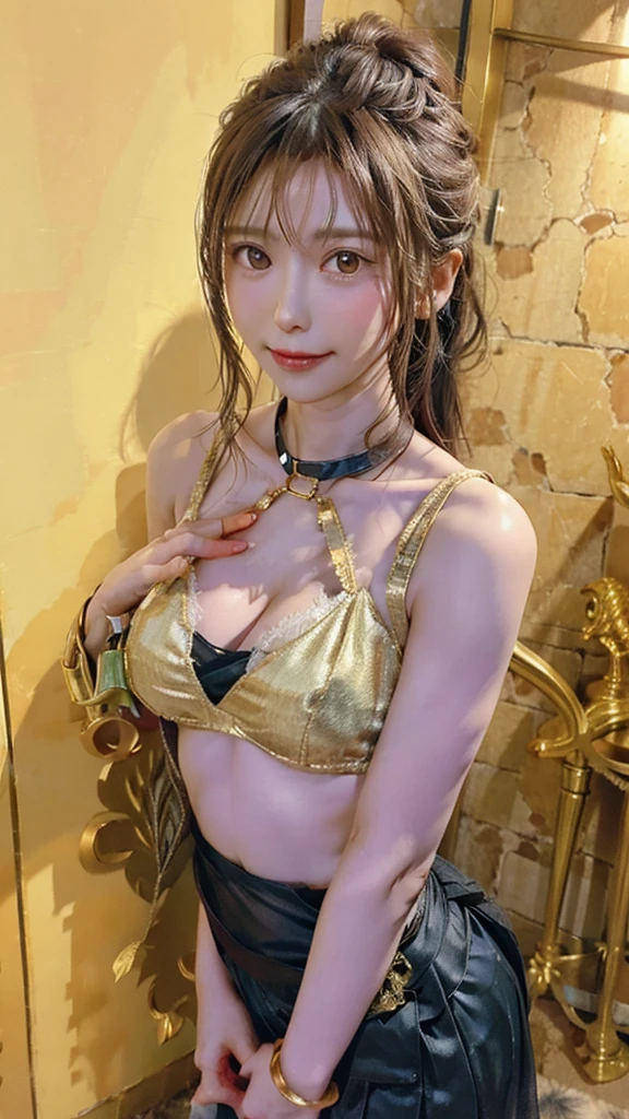 One girl,Bracelet,armor,chest,dark_skin,met,jewelry,Moderate_chest,belly button,pelvis_curtain,Realistic,alone,Veil,(Bouncy round ass),(shed a big tear_chest:1.3),One piece high bikini,Gold Bra,gold jewelry,Golden Wrist,Transparent tulle,(Muscular:1.25),golden battle armor,High Tech Palace,smile,Sexual suggestion