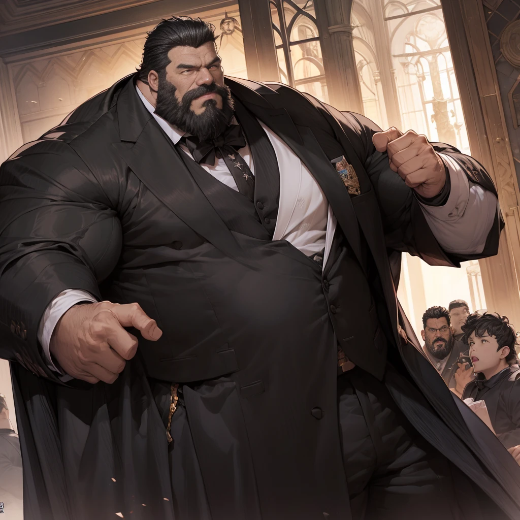 American Male、Dark skin、Big body、Strong beard、Very large body、Very large muscles、Wearing a black long sleeve tuxedo、Six Pack、A sharp face、Muscle Pose、Crotch detail、And then draw the whole body、Bald、Plump crotch、スキンヘッド、no hair
