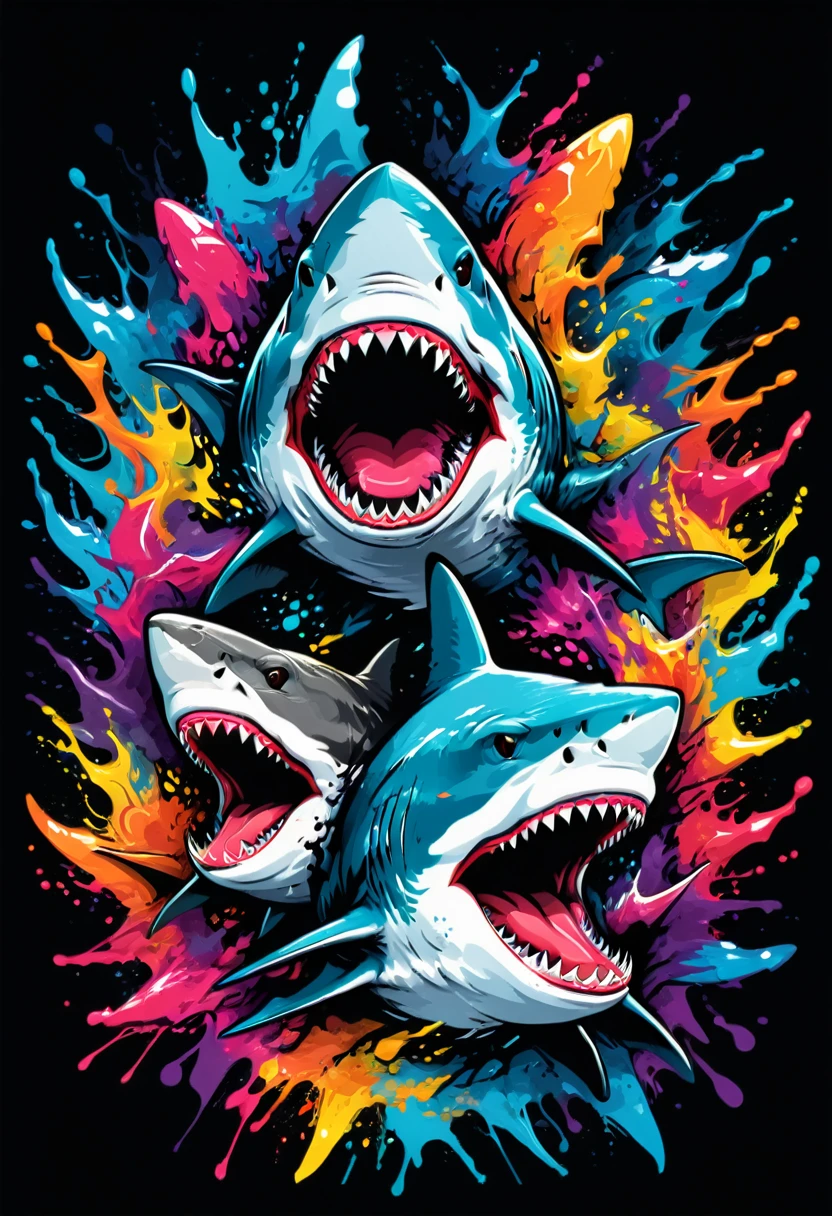 A t-shirt with vector art of a colorful illustration of sharks, At the center, swirly vibrant colors, paint splashes and smears, high détail,black backdrop
(artwork, best quality, proffesional, perfect composition, very aesthetic, absurdrez, super verbose, Intricate details:1.3)